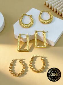 1/3 Pairs Gold Geometric Stainless Steel Earrings, Gold-Plated Stainless Steel Jewelry, Women's Earrings, Dangle Earrings, Gold-Plated Hinge Round Earrings, Bamboo Texture, Diamond Cut, Hexagon, Square, Round, Butterfly Design, Durable Hypoallergenic Earrings, Suitable For Sensitive Ears, Women's Charming Accessories, Middle East Fashion Jewelry, Ramadan Decoration Jewelry And Accessories, Party And Holiday Gifts - Multicolor - View 1