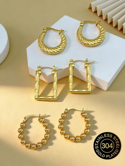 Golden Geometric Stainless Steel Earrings, Gold-Plated Stainless Steel Jewelry, Women's Earrings, Pituitary Earrings, Gold-Plated Hinge Round Earrings, Bamboo, Texture, Diamond Cutting, Hexagon, Square, Circle, Butterfly Shape, Design, Sturdy Low-Allergenic Earrings, Suitable For Sensitive Ears, Women's Charming Accessories, Middle Eastern Fashionable Jewelry, Ramadan Decoration Jewelry And Accessories, Party And Festival Gifts (1/3 Pairs)