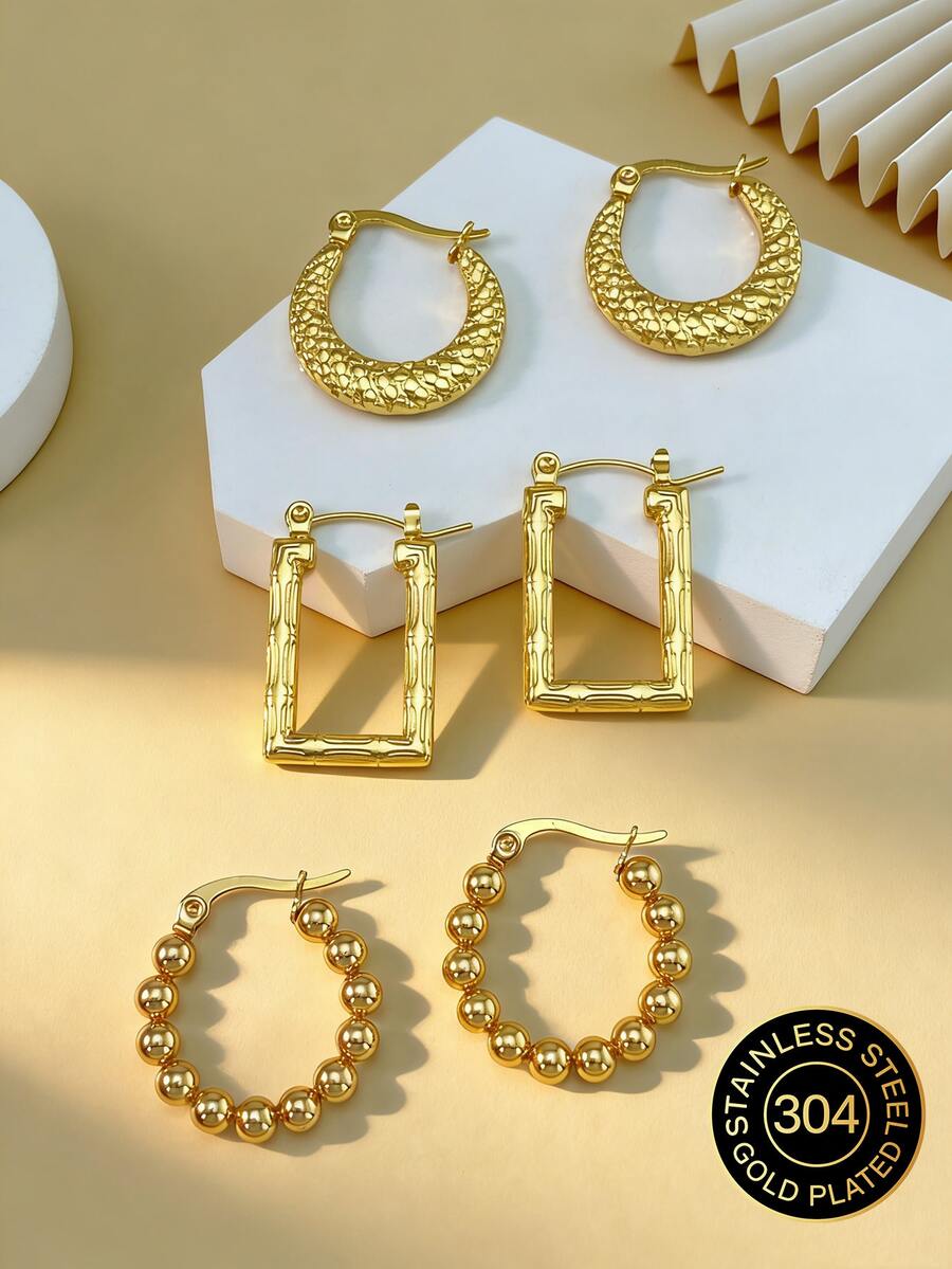 1/3 Pairs Gold Geometric Stainless Steel Earrings, Gold-Plated Stainless Steel Jewelry, Women's Earrings, Dangle Earrings, Gold-Plated Hinge Round Earrings, Bamboo Texture, Diamond Cut, Hexagon, Square, Round, Butterfly Design, Durable Hypoallergenic Earrings, Suitable For Sensitive Ears, Women's Charming Accessories, Middle East Fashion Jewelry, Ramadan Decoration Jewelry And Accessories, Party And Holiday Gifts - Multicolor - View 1