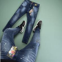Men's Long, Washed Jeans With Paint Splatter Details And Cutouts. Medium Stretch Fabric. Button And Zipper Closure. Pockets. - JGD-10 - 查看 2
