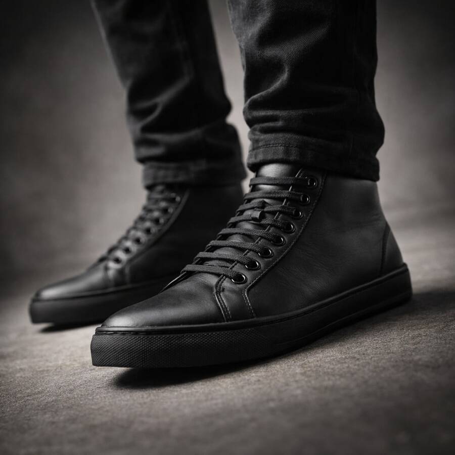QBEC Comfortable Men's Sneakers, Men's Boots In Genuine Leather, Mid-Calf, Soft, Casual, Lightweight Ankle Boots - On - 黑色 - 查看 1