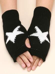 3双装女士星形印花露指拇指孔针织长手套，保暖舒适面料，Y2K风格 - 彩色 - 查看 1