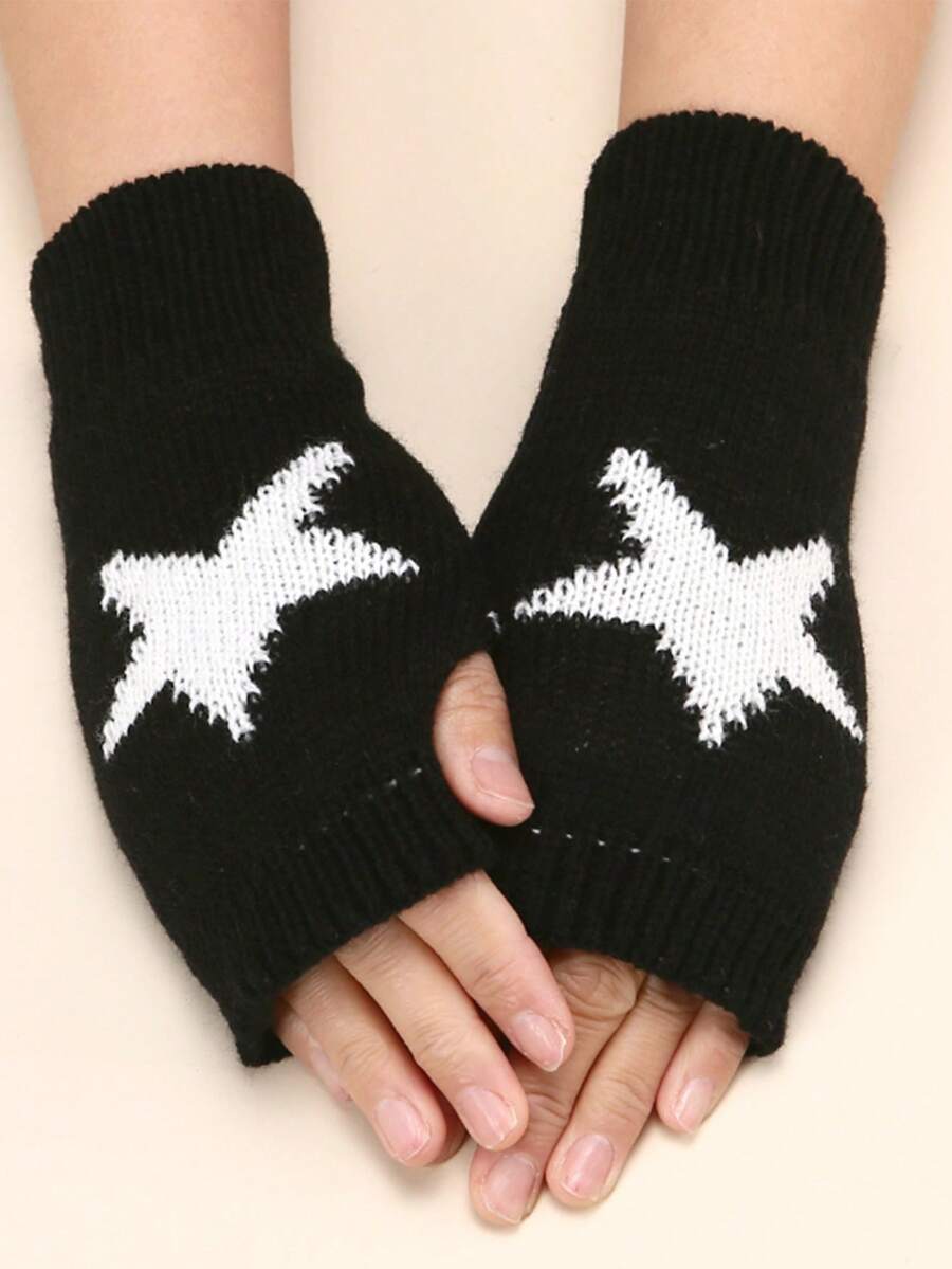 3双装女士星形印花露指拇指孔针织长手套，保暖舒适面料，Y2K风格 - 彩色 - 查看 1