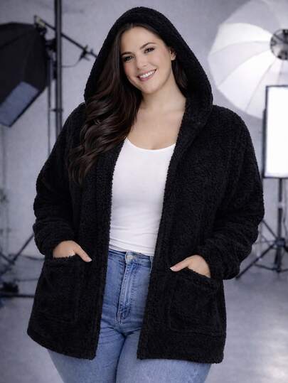 Casaco teddy plus size com capuz e bolso pelúcia inverno feminino