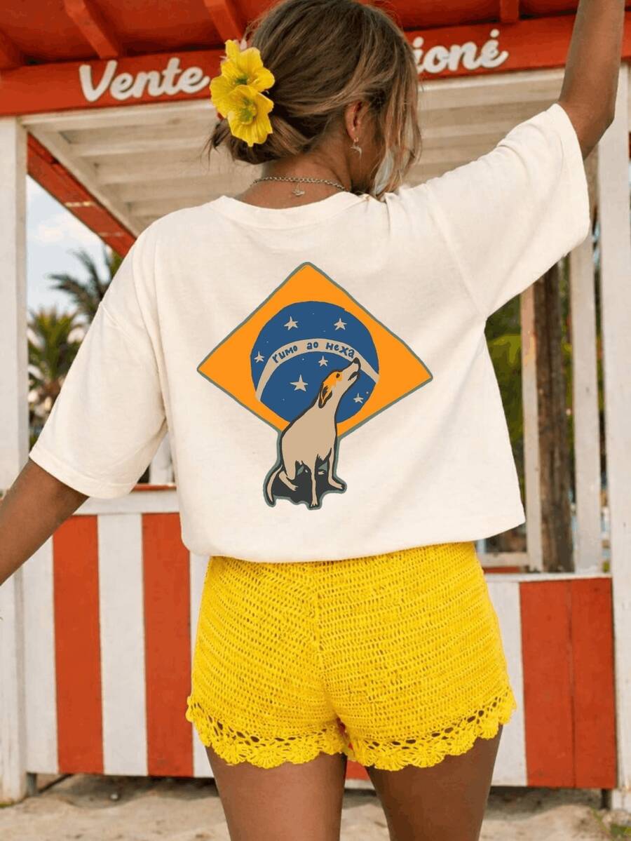 Women's Off-Shoulder Blouse, Oversized Blouse, Floral Print, Brazil Style, Beach, Summer, Pool, Everyday, Street Style, Printed Back And Front, "Road To The Hexa" Print, Order And Progress Brazil - 奶油色 - 查看 1