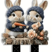 2D Flat - [2D Flat] In 2D Flat Design, This Single Piece Contains Two Cute Rabbits Standing On A Tree Stump, Making It An Excellent Gift. This Acrylic Garden Sign Also Has Scratch-Resistant Properties. - A - View 4