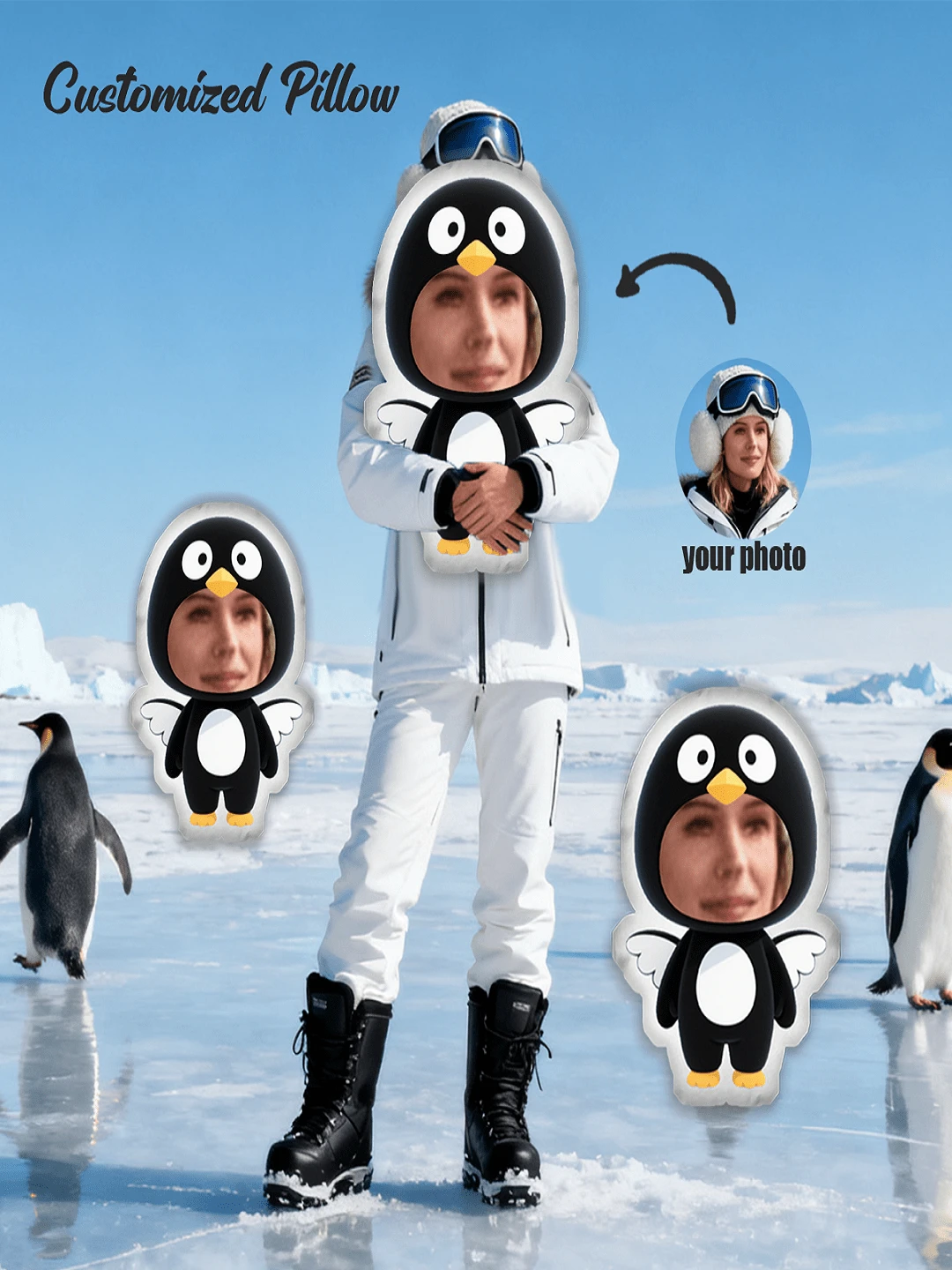 1pc Personalized Pillow - Custom Face Throw Pillow, Penguin, Unique, Special Gift For Mom, Family, Friends, Anniversary, Mother's Day, Birthday, Valentine's Day, Christmas, Halloween, Graduation, Father's Day, Wedding, Housewife, Sofa, Bed, Car, Tea Room, Bedroom, Bathroom, Living Room, Dining Room