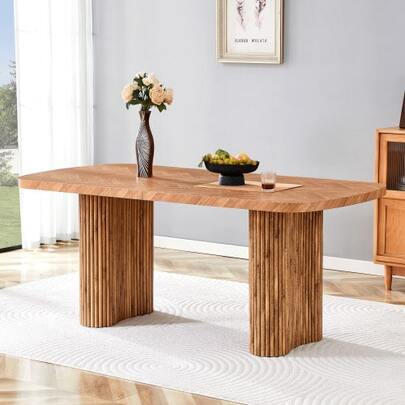 Mesa de jantar na cor nogueira com acabamento que imita madeira e base central arqueada – 180*90cm, multifuncional para sala de jantar e área de recepção, design moderno e elegante.