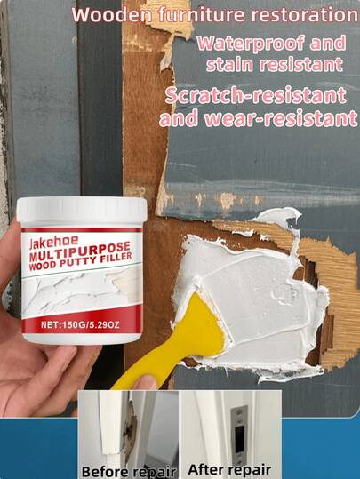 jakehoe 150g Multi-Purpose Wood Filler, Wood Putty, White Wood Filler, For Repairing Cracks, Scratches And Holes On Wooden Furniture And Floors - Easy To Apply And Sand, Versatile Wood Repair Kit, Random Brush Included