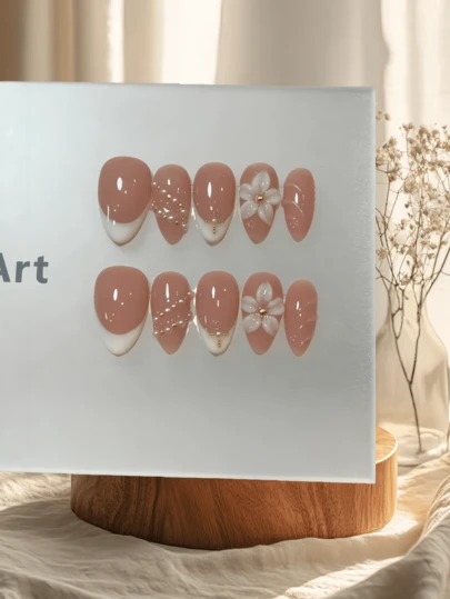 10pcs Handmade Short Acrylic Press-On Nails, Japanese Style Nail Art, Wearable Nail Tips, Short Almond Shape Nail Stickers, 3D Carved Floral Nail Art, Essential For Women Date