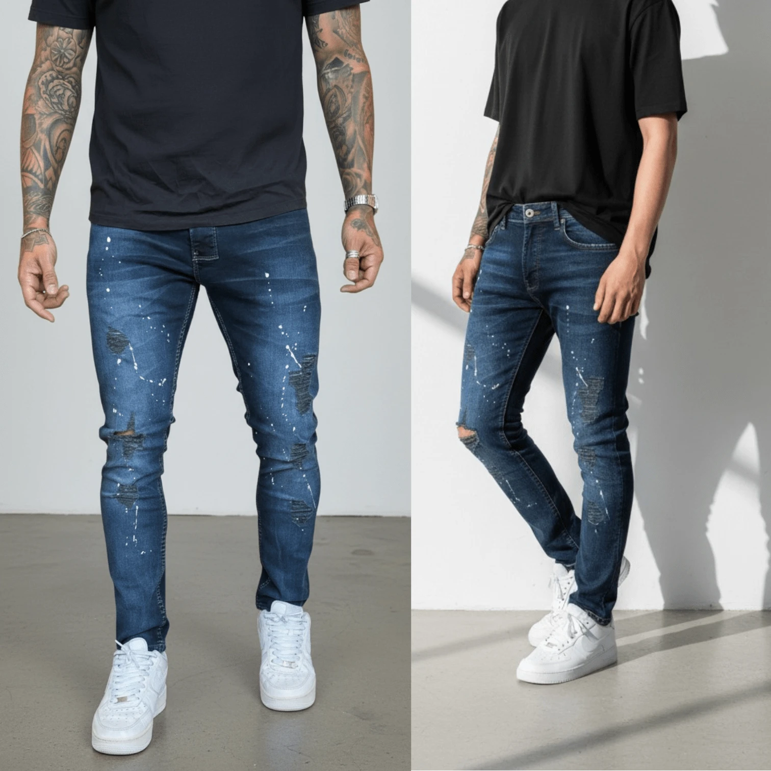 Men's Long, Washed Jeans With Paint Splatter Details And Cutouts. Medium Stretch Fabric. Button And Zipper Closure. Pockets. - JGD-10 - 查看 1