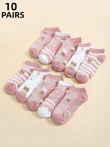 10 Pairs Women Low-Cut Casual Ankle Socks, Cute Cartoon Cat Pattern, Versatile Daily Wear - Pink - View 4