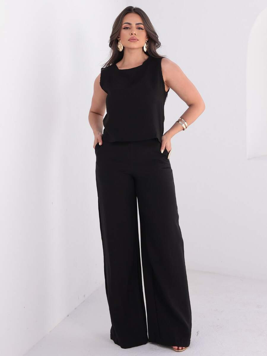Women's Tailored Casual Basic 2-Piece Shorts And Tank Top Set - Elegant Linen Blouse And Shorts - Summer - màu đen - Xem 1