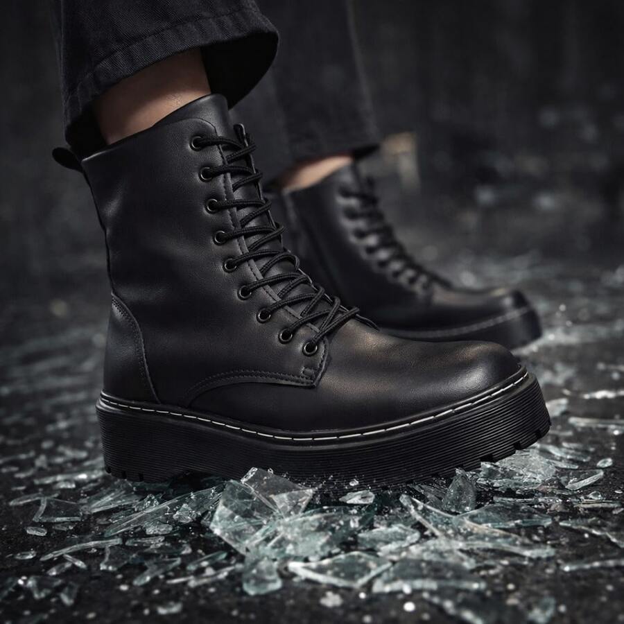 Women's Ankle Boot With Tractor Sole, Stitched Sole, Fashionable Winter Style, Durable, Comfortable, , Platform, Short Shaft. - Black - View 1