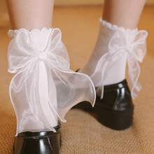 1 Pair Kids Socks With 3D Mesh Bow, Black & White Color Options, Breathable & Skin-Friendly, Suitable For 3-12Y Girls, Sweet Style For Daily Wear, Dresses, JK Uniforms, Dates, Casual Outings - Black and White - View 19