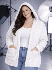 Women's Plus Size Teddy Coat With Hood And Plush Pockets For Winter. - 白色 - 查看 1
