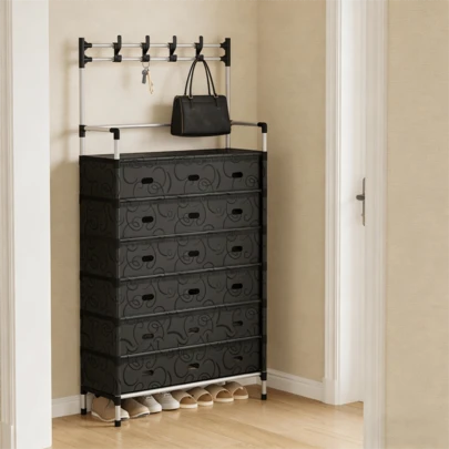 可伸缩黑色鞋架，带防尘罩 - 便携式、可堆叠、多隔层收纳架，适用于家庭和办公室，耐用塑料材质，是玄关收纳的理想之选，简洁时尚的设计，完美的乔迁礼物，鞋子收纳整理架