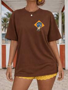 Women's Off-Shoulder Blouse, Oversized Blouse, Floral Print, Brazil Style, Beach, Summer, Pool, Everyday, Street Style, Printed Back And Front, "Road To The Hexa" Print, Order And Progress Brazil - Màu nâu  Mocha - Xem 3