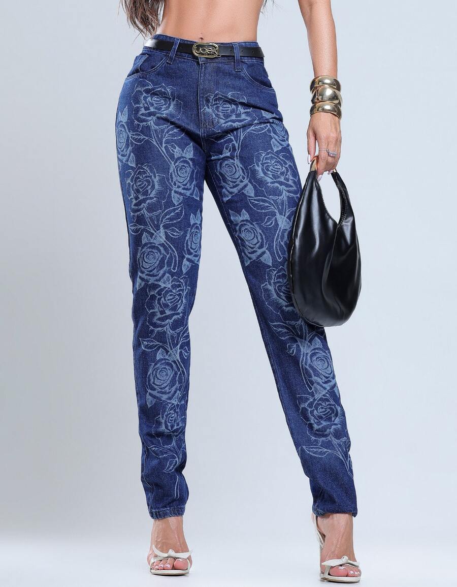 Women's Mom Jeans, Stylish, Casual, Sexy, Faux Denim Print, Pocket, Zipper, Button, Vintage, Office, Vacation, Night, Beach, Travel, Timeless - 花卉雷射 - 查看 1