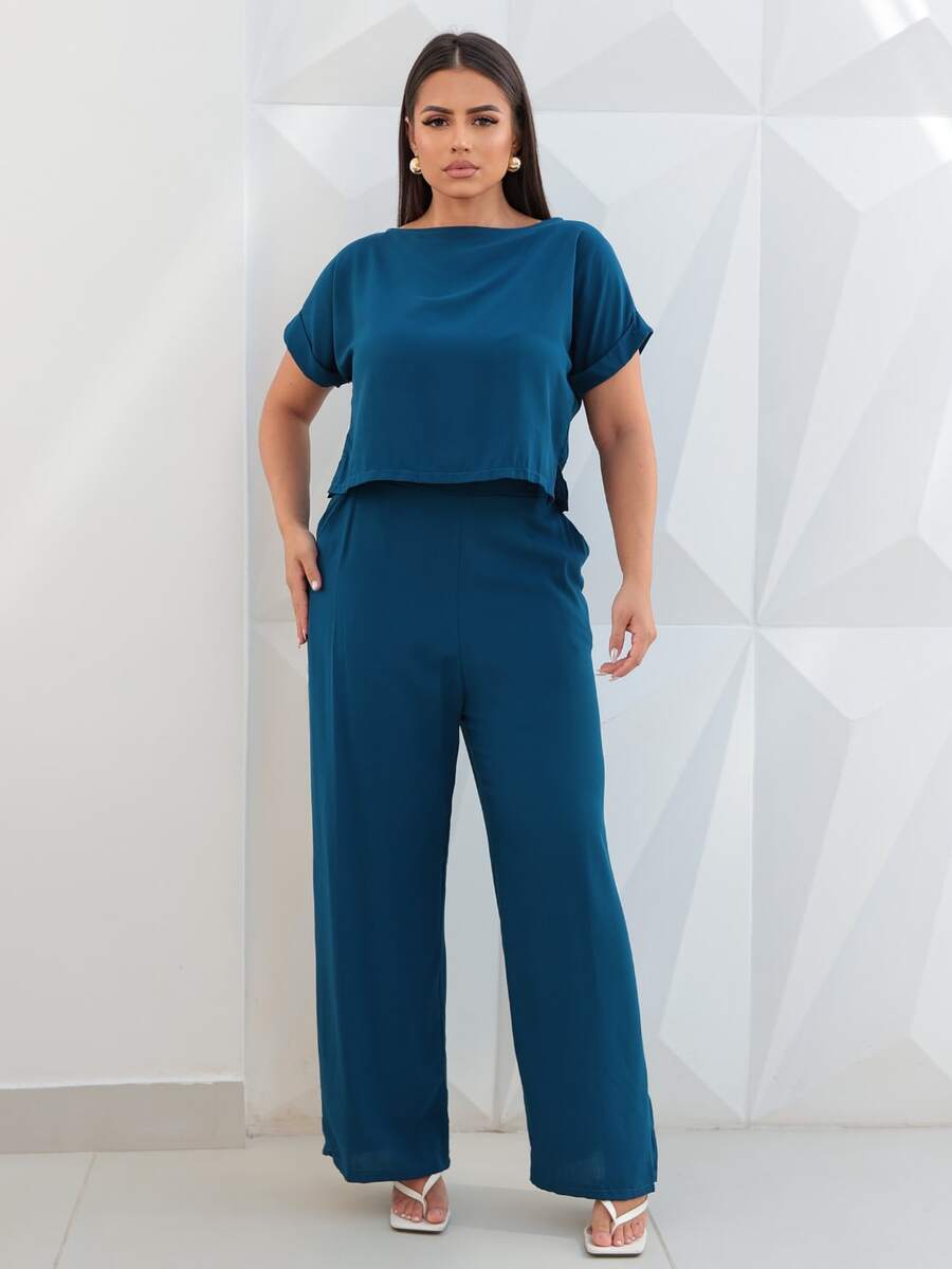 Women's Pantalona Pants And Blouse Set Elegant Wide Leg - 水鴨藍 - 查看 1