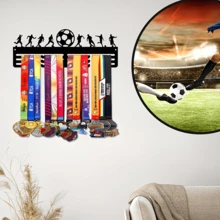 1pc Football Themed Metal Medal Display Rack With Soccer Pattern - 11.81 Inch Wall Mounted Decorative Art Piece, Suitable For Medals, Ribbons, Indoor/Outdoor Home Decor Gift, Metal Wall Decor, Iron Craft - Black - View 5