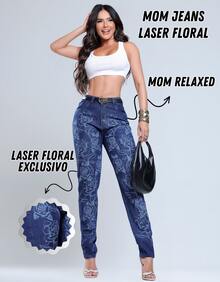 Women's Mom Jeans, Stylish, Casual, Sexy, Faux Denim Print, Pocket, Zipper, Button, Vintage, Office, Vacation, Night, Beach, Travel, Timeless - 花卉雷射 - 查看 2