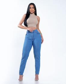 Women's Mom Jeans, Stylish, Casual, Sexy, Faux Denim Print, Pocket, Zipper, Button, Vintage, Office, Vacation, Night, Beach, Travel, Timeless - 淺藍色 - 查看 3