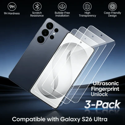 3pcs:Full-Transparent S Am Sung Phone Protection Films, Suitable For Galaxy S26 Ultra, Galaxy S26 Plus, Galaxy S26. Film, Glass Film, Fully Transparent High-Definition, Phone Protection Film, Full Coverage, Fingerprint Unlocking, Smooth, No Obstruction, No Sharp Edges, Phone Film.