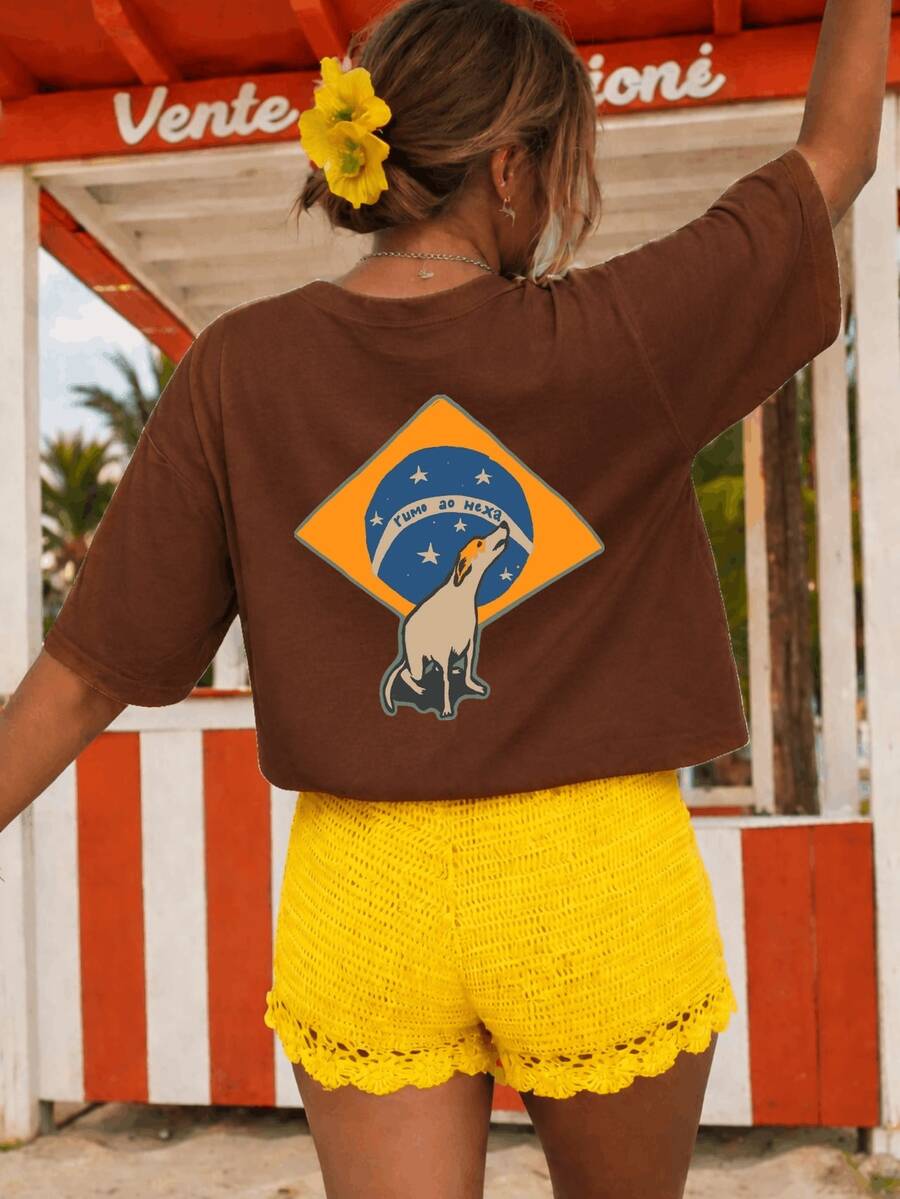 Women's Off-Shoulder Blouse, Oversized Blouse, Floral Print, Brazil Style, Beach, Summer, Pool, Everyday, Street Style, Printed Back And Front, "Road To The Hexa" Print, Order And Progress Brazil - Màu nâu Mocha - Xem 1