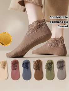 6 đôi tất cổ ngắn chống trượt viền ren mềm mại và ấm áp cho nữ | Nhiều màu sắc lựa chọn, Tất ngủ sau sinh, Thoải mái khi mặc trong nhà, Thời trang, Ôm sát, Giữ ấm - Nhiều màu - Xem 13