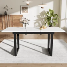 Extendable Dining Table, L140/180 X W80 X H75 Cm, Industrial Style, Rectangular, Coffee/Lounge Table, Modern And Sleek Iron Dining Table, Space-Saving Multifunctional Table, MDF, White And Black - White - View 2