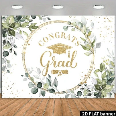 2D 平面绿色植物毕业背景，2024 届毕业班，绿叶，毕业派对摄影背景，毕业派对装饰，蛋糕桌横幅，拍照道具，适用于节日和派对装饰，庆典活动背景，多用途装饰，节日礼物，涤纶材质，无需电源