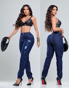 Women's Mom Jeans, Stylish, Casual, Sexy, Faux Denim Print, Pocket, Zipper, Button, Vintage, Office, Vacation, Night, Beach, Travel, Timeless - 已摧毀 - 查看 2