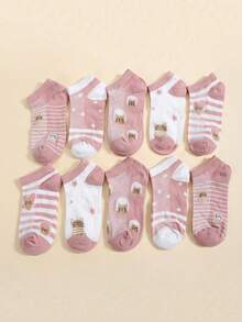 10 Pairs Women Low-Cut Casual Ankle Socks, Cute Cartoon Cat Pattern, Versatile Daily Wear - Pink - View 2