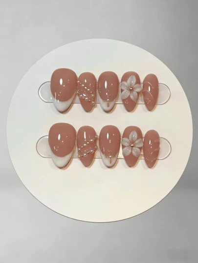 10pcs Handmade Short Acrylic Press-On Nails, Japanese Style Nail Art, Wearable Nail Tips, Short Almond Shape Nail Stickers, 3D Carved Floral Nail Art, Essential For Women Date