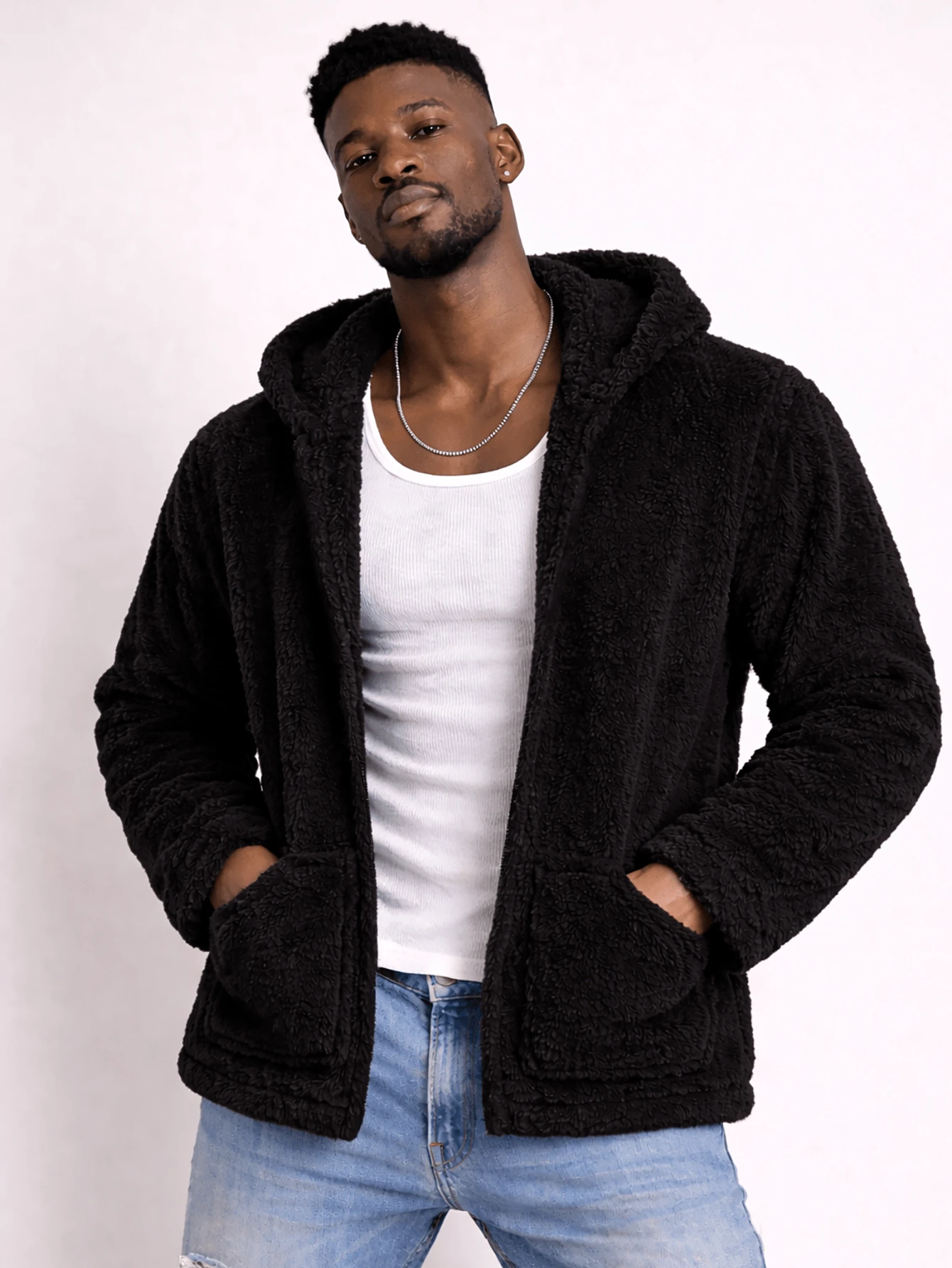 Men's Winter Coat With Hood And Teddy Pocket. - 黑色 - 查看 1