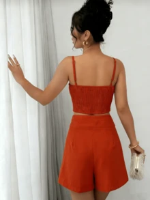 Women's Cropped Top And Tailored Shorts Set, Lina Moda, Sizes P, M, G, GG - Rust Red - View 3