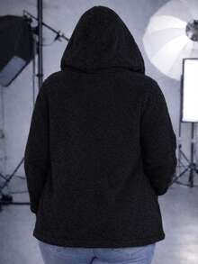 Women's Plus Size Teddy Coat With Hood And Plush Pockets For Winter. - 黑色 - 查看 2