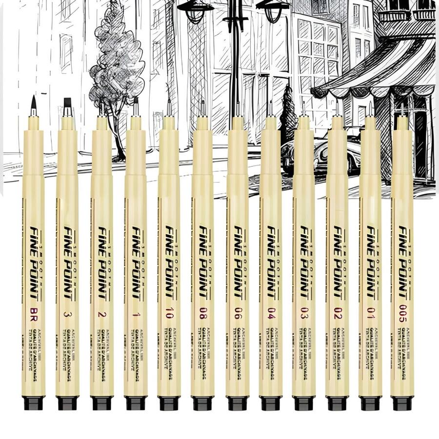 Kit Of 12 Micron Fineliner Pens, Manga Markers, Needle-Point Pens For Artistic Hand Drawing, Professional Brush Lettering - Etui med 12 pennor - Visa 1