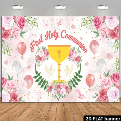 2D平面圣餐庆祝横幅，粉色花卉圣杯十字架设计，适合装饰节日和派对，可用作庆祝活动背景，多用途装饰，节日礼物，涤纶材质，无需电源