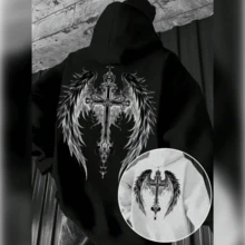 Unisex Kangaroo Hoodie For Women And Men, Flannel Hooded Jacket, Cotton Sweatshirt With Wings And Cross Design - 黑色 - 查看 8