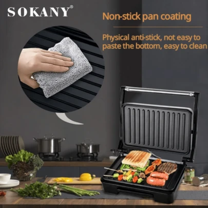  Máquina de filete doméstica SOKANY 223 de múltiples funciones, máquina de freír y asar, 850W de calentamiento rápido, freír y asar por ambos lados, diseño de mango antiscalding, antiadherente físico y fácil de limpiar, puede hacer filete/sándwich/tortilla/tocino/tostada y otros ingredientes, muy adecuado para el hogar/oficina/dormitorio/cena y otras escenas.