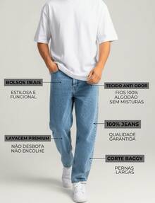 Calça Baggy Balão Premium Azul Jeans Denim Premium Streetwear Ajuste Folgado Estilo Y2K Casual - Azul Empoeirado - Visão 5