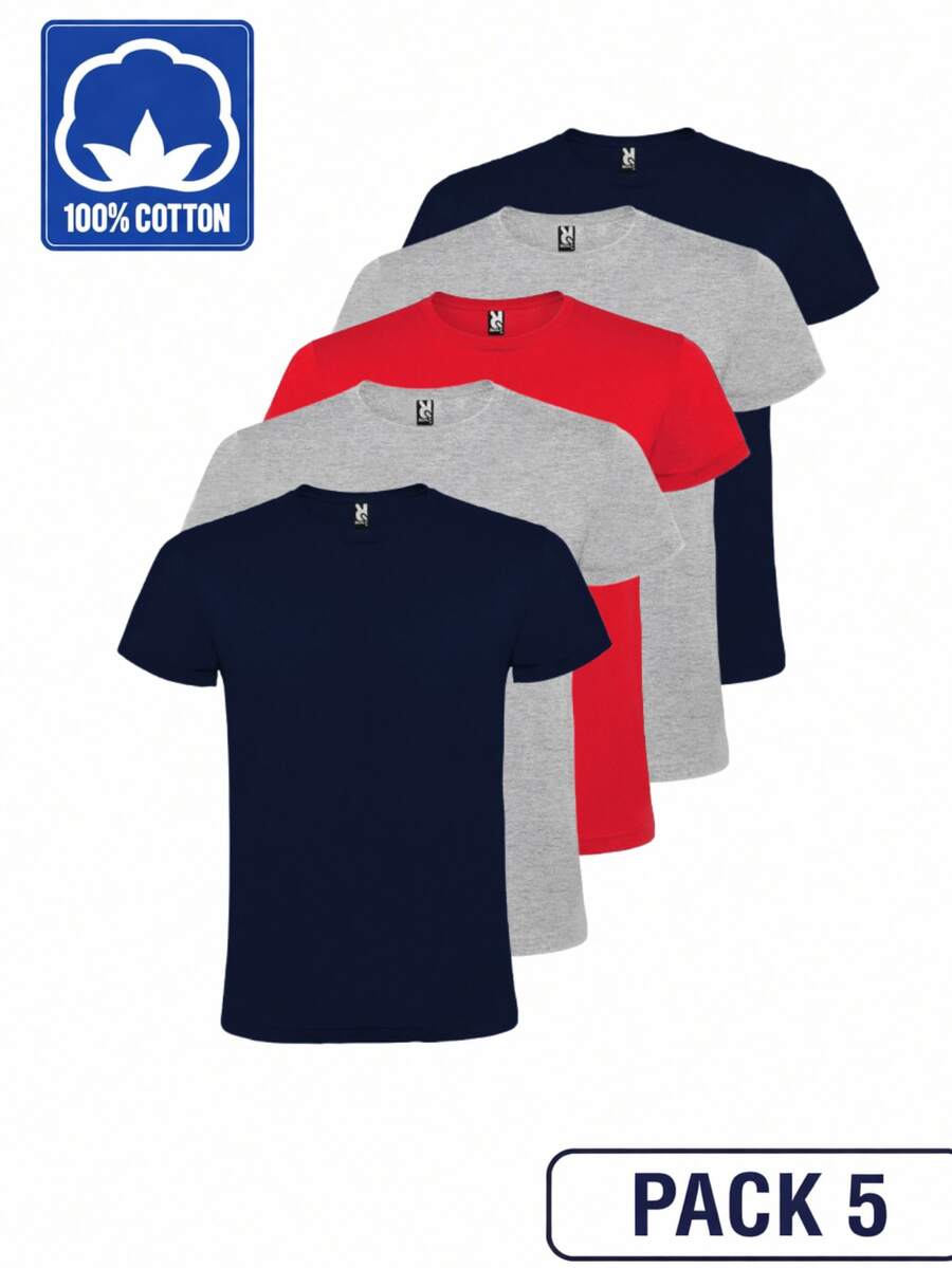 Roly Bộ 5 áo thun ngắn tay Atomic (Giao hàng trong 48 giờ) – Nhiều kích cỡ – Màu sắc: Xanh navy (2), Xám (2), Đỏ (1) – 100% cotton, cổ tròn đôi, đường may chắc chắn, vải ống, áo thun cơ bản, áo thun unisex, áo thun tiết kiệm. - Xanh hải quân, đỏ và xám - Xem 1