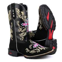 Women's Country Style Mid-Calf Embroidered Cowboy Boots For Riding And Rodeo Events - Black - View 1
