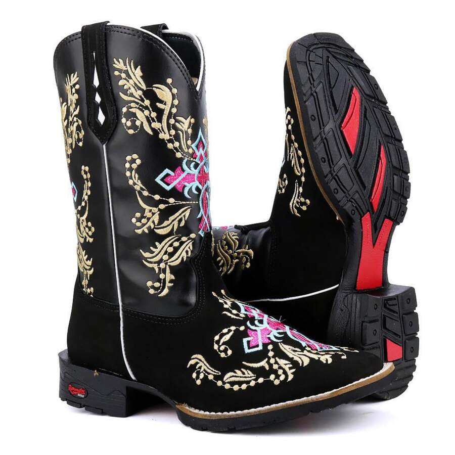 Women's Country Style Mid-Calf Embroidered Cowboy Boots For Riding And Rodeo Events - Black - View 1