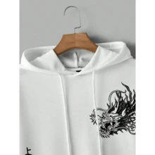 Unisex Kangaroo Hoodie For Women And Men, Flannel Hooded Jacket, Cotton Sweatshirt, Japanese Dragon Design - 白色 - 查看 2