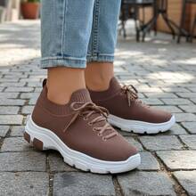 Women's Casual Platform Sneakers, Lightweight, Comfortable, Fashionable, Everyday, Gym, Walking, Sizes 34 To 39, On , Sporty, Lace-Up, Woven, Flying, Home - 鏽棕色 - 查看 6