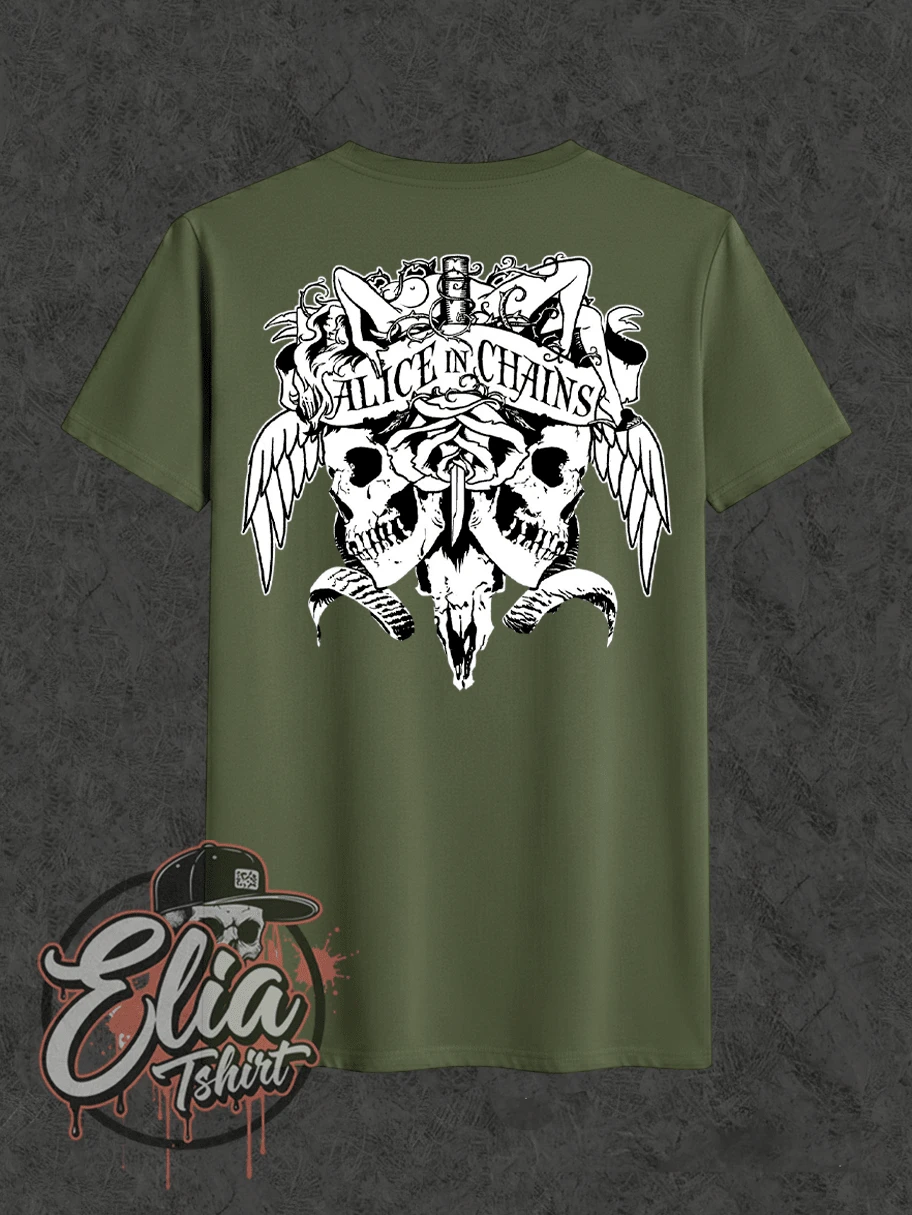 Camiseta Básica Confortável Para o Dia a Dia Alice in Chains Música Cantor Famoso Internacional Nacional Cultura Urbana Rock Metal Rock n Roll Famoso Banda Cantor Camisa Blusa Unissex Masculino Feminino 100% Algodão Top Premium Streetwear Lançamento Envio Imediato Varias Cores!! Plus Size - Verde Militar - Visão 1