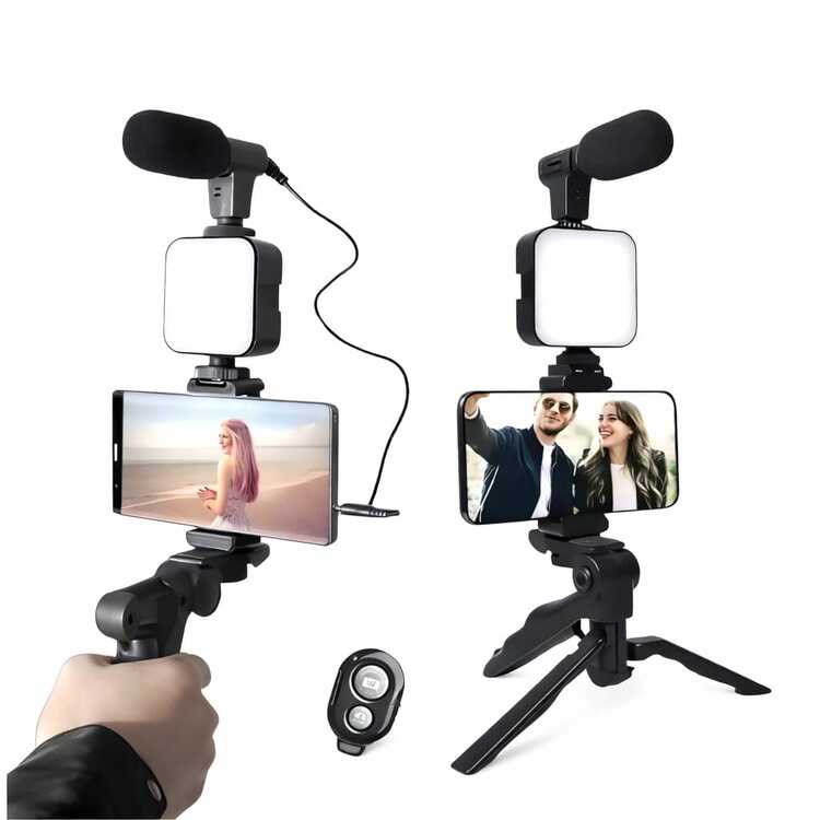 Kit Vlog para Celular con Micrófono y Luz LED, Mini Tripié para Smartphone, Soporte para Teléfono con Control Bluetooth, Equipo para Grabación de Video, Streaming, Ti-kTok, You-Tube y Creadores de Contenido - Negro - Añade 6